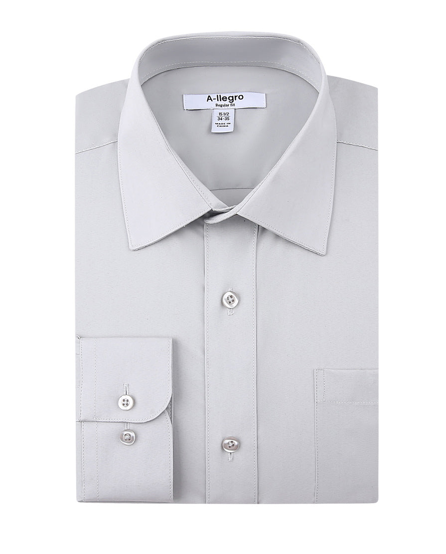 The Vinci Suits Classic Regular Fit Cotton Dress Shirt, model R-S100, is gray with a standard collar, visible buttons, and convertible cuffs; neatly folded against a white background.