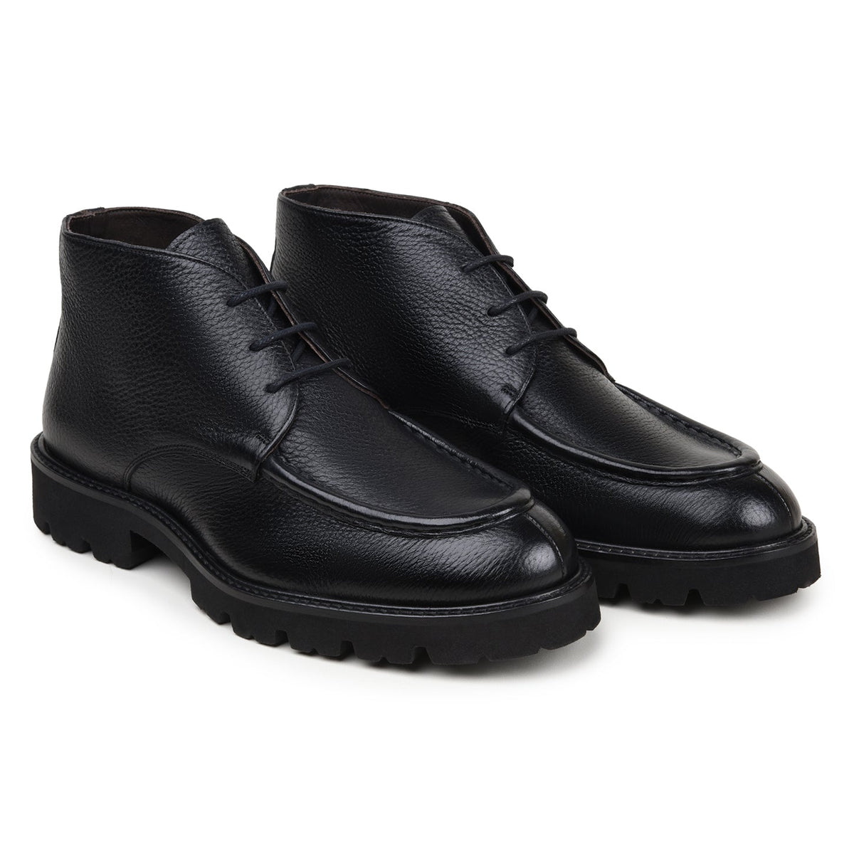 Belvedere - Rinaldo, Genuine Deerskin Upper Chukka Boots in black, featuring a moc-toe design, laces, and ultra light lug soles.
