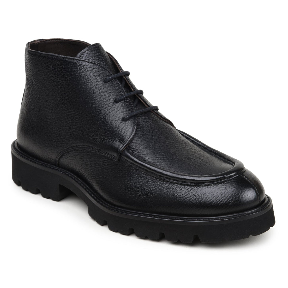 Belvedere - Rinaldo, Genuine Deerskin Upper Chukka Boots in black, featuring a moc-toe design, laces, and ultra light lug soles.