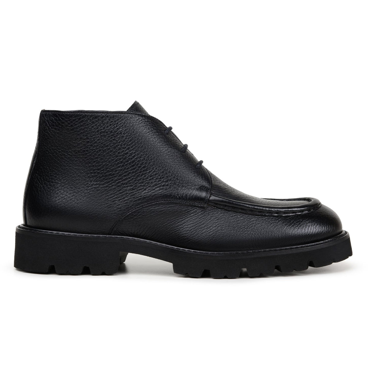 Belvedere - Rinaldo, Genuine Deerskin Upper Chukka Boots in black, featuring a moc-toe design, laces, and ultra light lug soles.