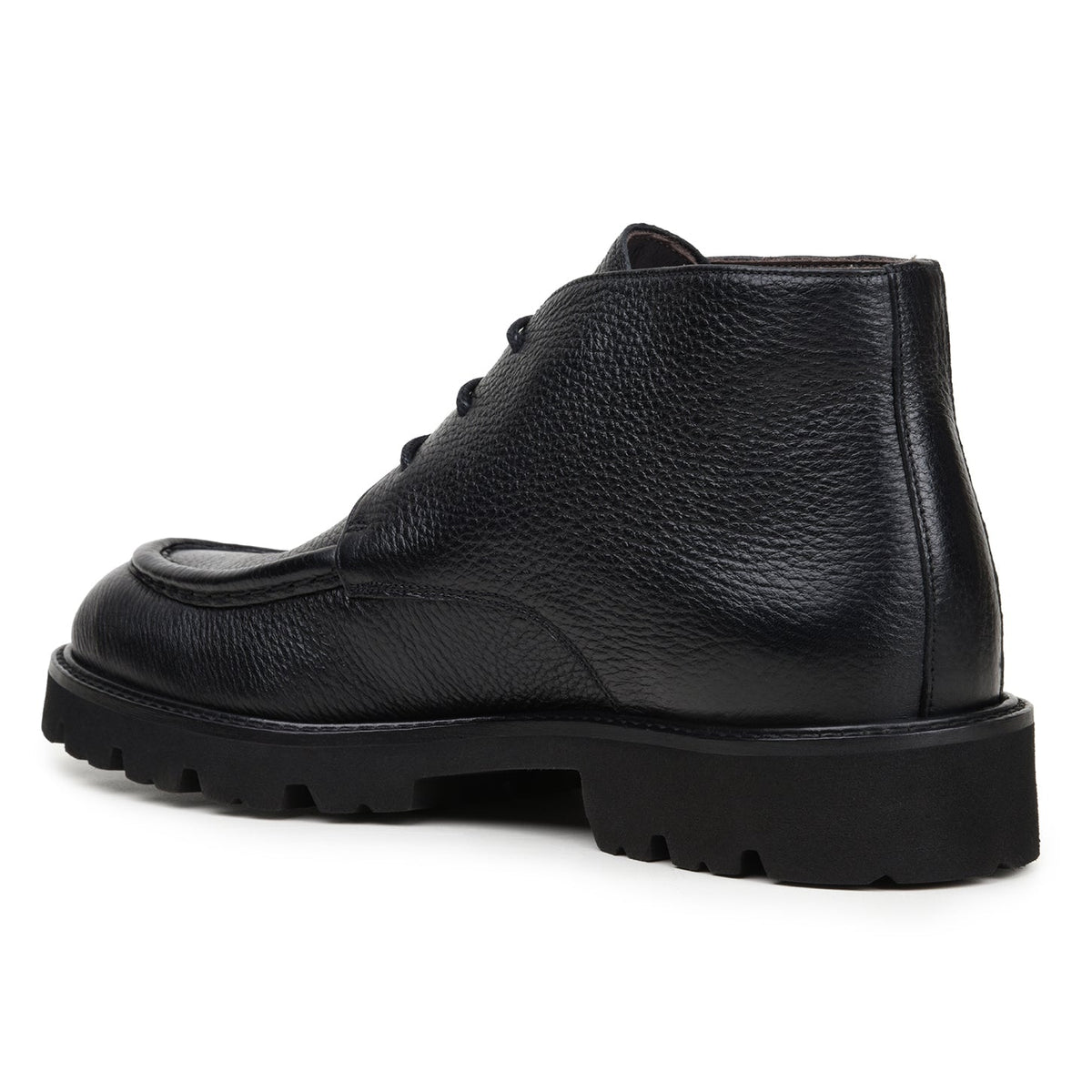 Belvedere - Rinaldo, Genuine Deerskin Upper Chukka Boots in black, featuring a moc-toe design, laces, and ultra light lug soles.