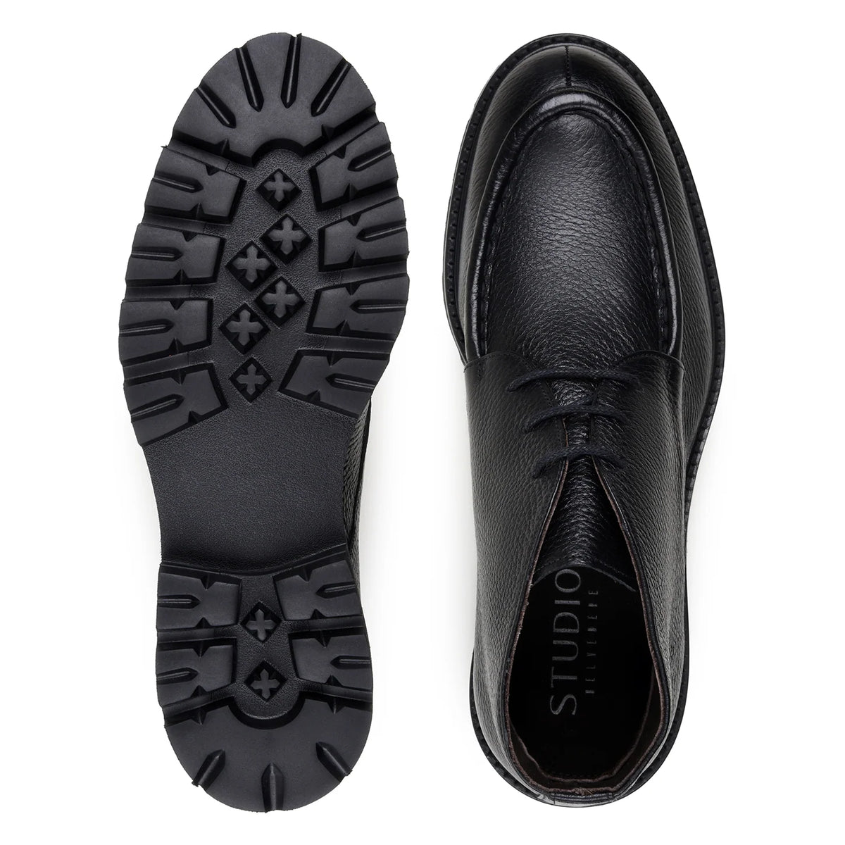 Belvedere - Rinaldo, Genuine Deerskin Upper Chukka Boots in black, featuring a moc-toe design, laces, and ultra light lug soles.