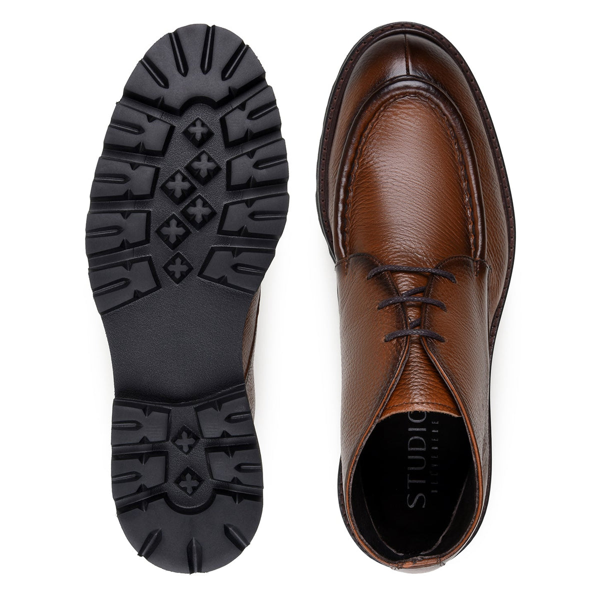 Belvedere - Rinaldo, Genuine Deerskin Upper Chukka Boots in tan, featuring dark brown laces and an ultra light lug sole.