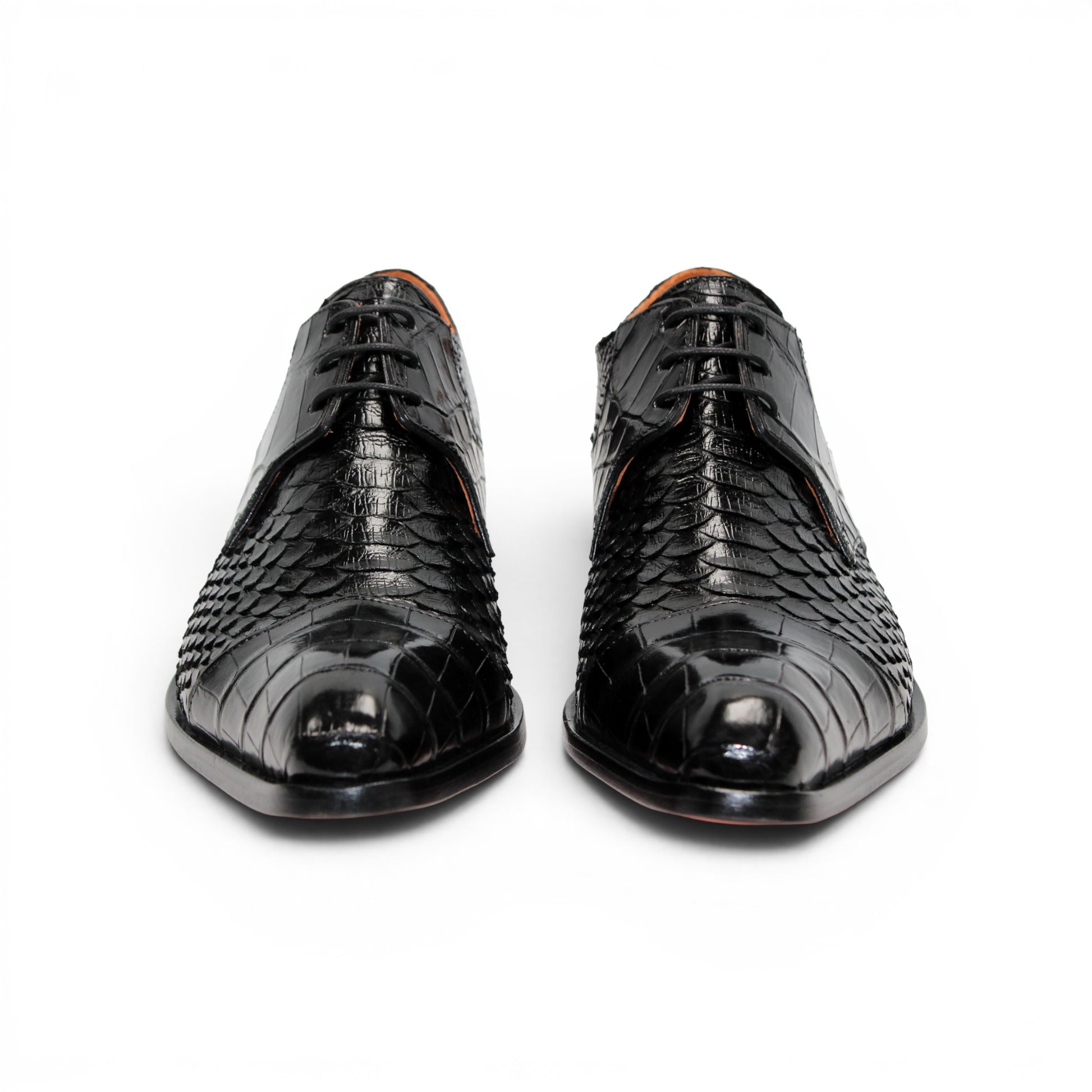 Introducing the Fennix Roger Black by Fennix of Italy—a luxury, pointed-toe dress shoe crafted in Italy from genuine alligator leather. Featuring a textured snake-skin pattern and low heel, this premium shoe is shown in profile against a white background as part of our exclusive collection.