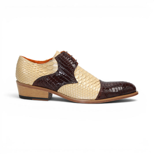Showcased in profile on a white background, the Fennix Roger Brown/Beige by Fennix of Italy is a luxurious men's dress shoe, crafted in Italy from genuine alligator leather with beige and dark brown scales, a low wooden heel, and lace-up closure.