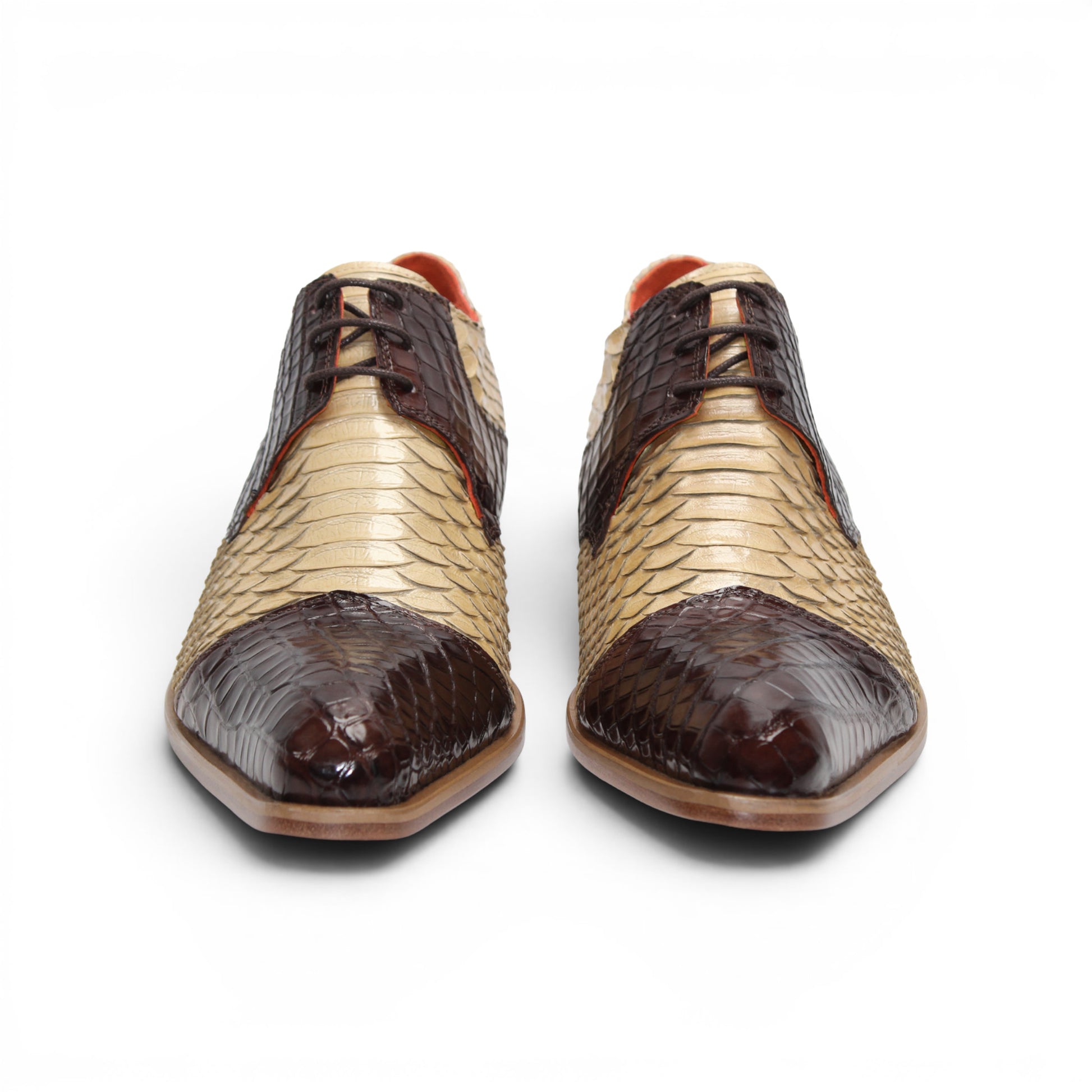 Showcased in profile on a white background, the Fennix Roger Brown/Beige by Fennix of Italy is a luxurious men's dress shoe, crafted in Italy from genuine alligator leather with beige and dark brown scales, a low wooden heel, and lace-up closure.