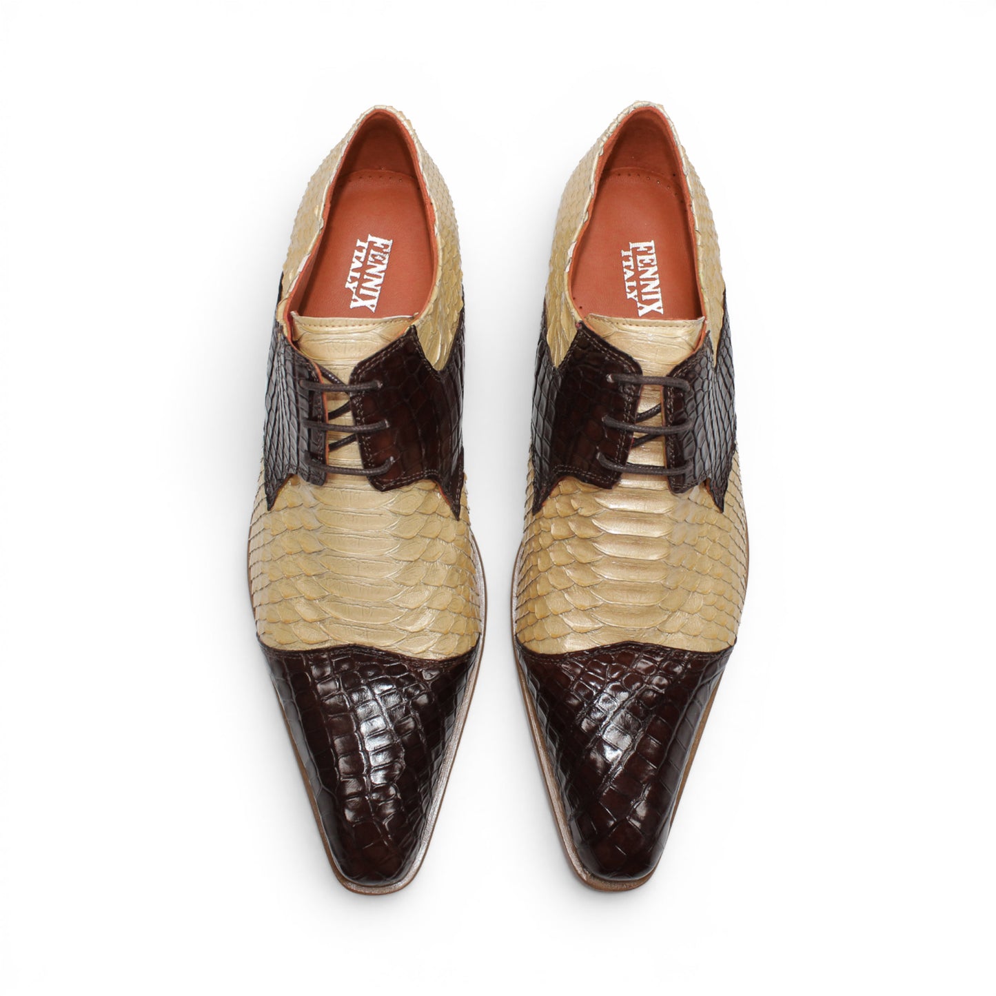 Showcased in profile on a white background, the Fennix Roger Brown/Beige by Fennix of Italy is a luxurious men's dress shoe, crafted in Italy from genuine alligator leather with beige and dark brown scales, a low wooden heel, and lace-up closure.