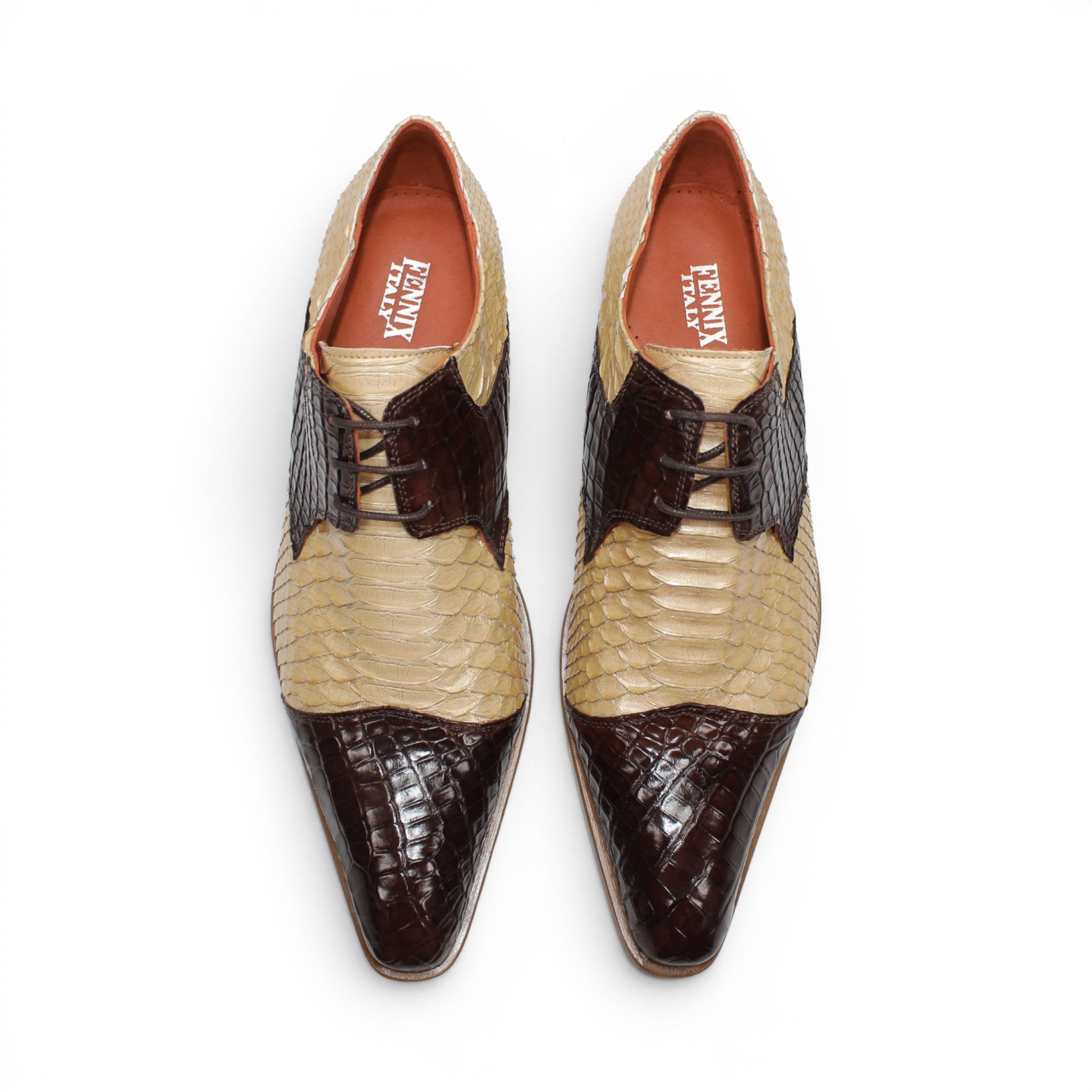 Showcased in profile on a white background, the Fennix Roger Brown/Beige by Fennix of Italy is a luxurious men's dress shoe, crafted in Italy from genuine alligator leather with beige and dark brown scales, a low wooden heel, and lace-up closure.