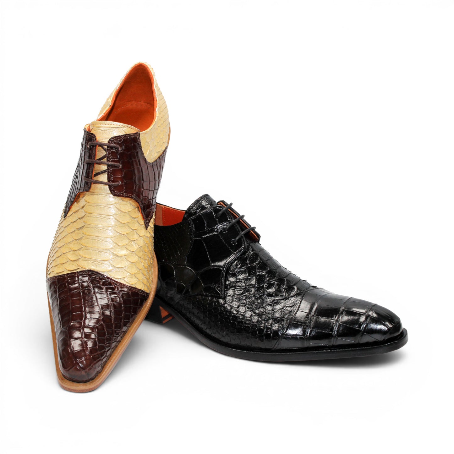 Showcased in profile on a white background, the Fennix Roger Brown/Beige by Fennix of Italy is a luxurious men's dress shoe, crafted in Italy from genuine alligator leather with beige and dark brown scales, a low wooden heel, and lace-up closure.