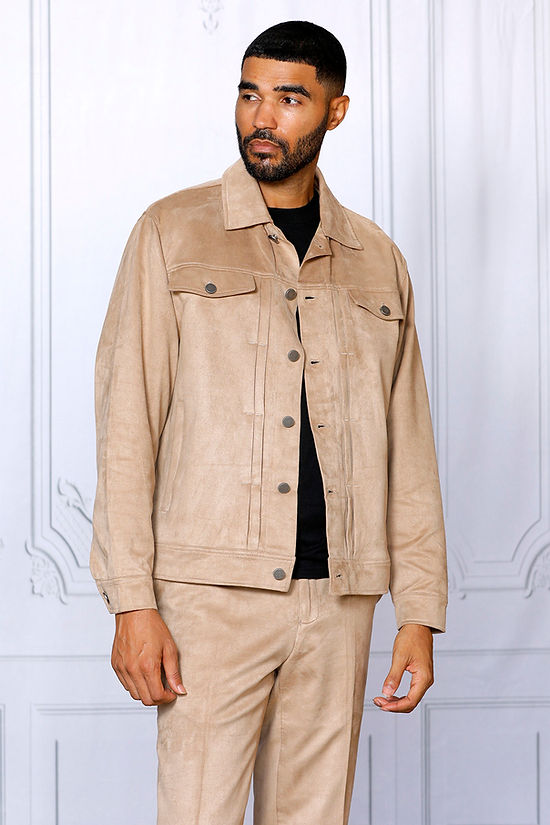 Close-up of a person in the Insomnia INSOMNIA ROMEO 2PC Khaki Vegan Suede Leisure Suit, featuring visible buttons and a chest flap pocket—ideal for casual wear.