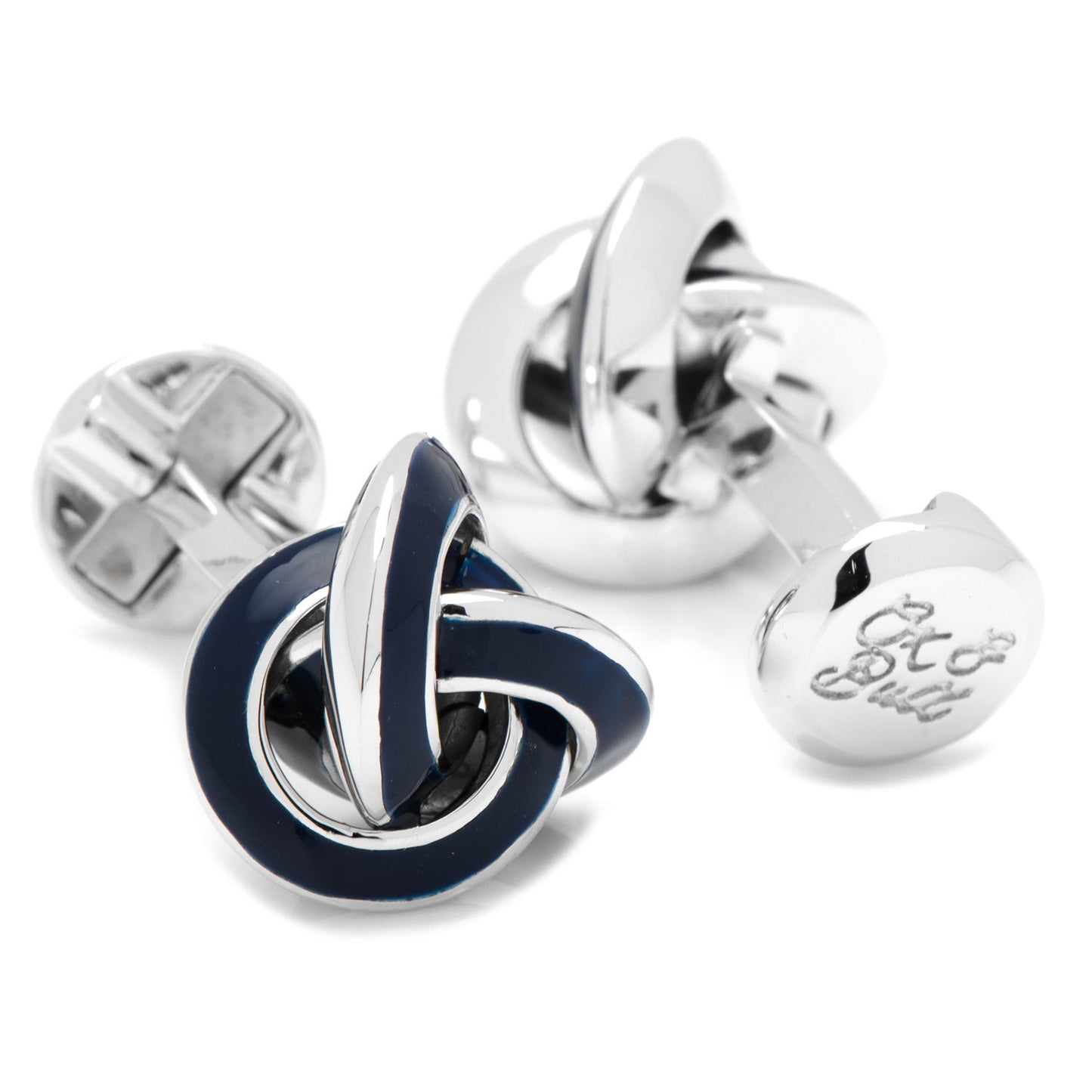 The Sterling Blue Enamel Knot Cufflinks by Cufflinks.com feature polished silver and navy knots, creating an elegant accessory for any outfit.