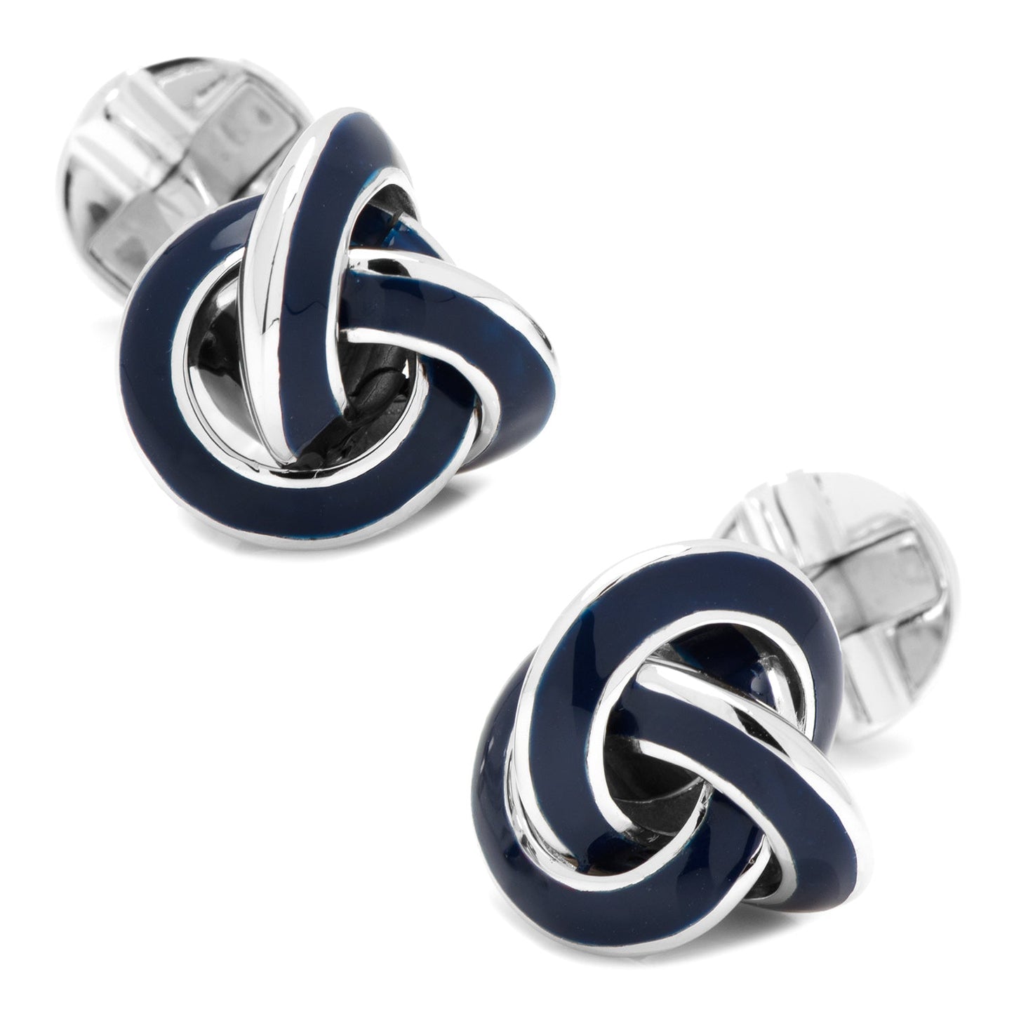 The Sterling Blue Enamel Knot Cufflinks by Cufflinks.com feature polished silver and navy knots, creating an elegant accessory for any outfit.