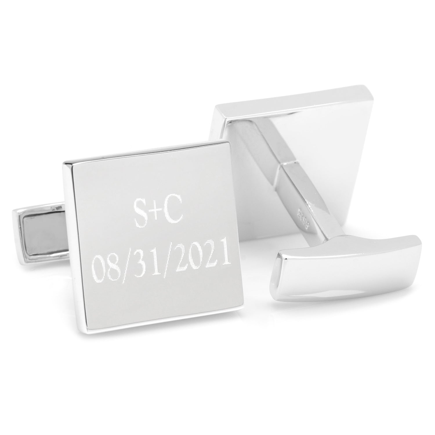 Cufflinks.com's Personalized Wedding Day Engravable Square Cufflinks can be customized with "S+C" and "08/31/2021"—a perfect wedding gift or accessory.