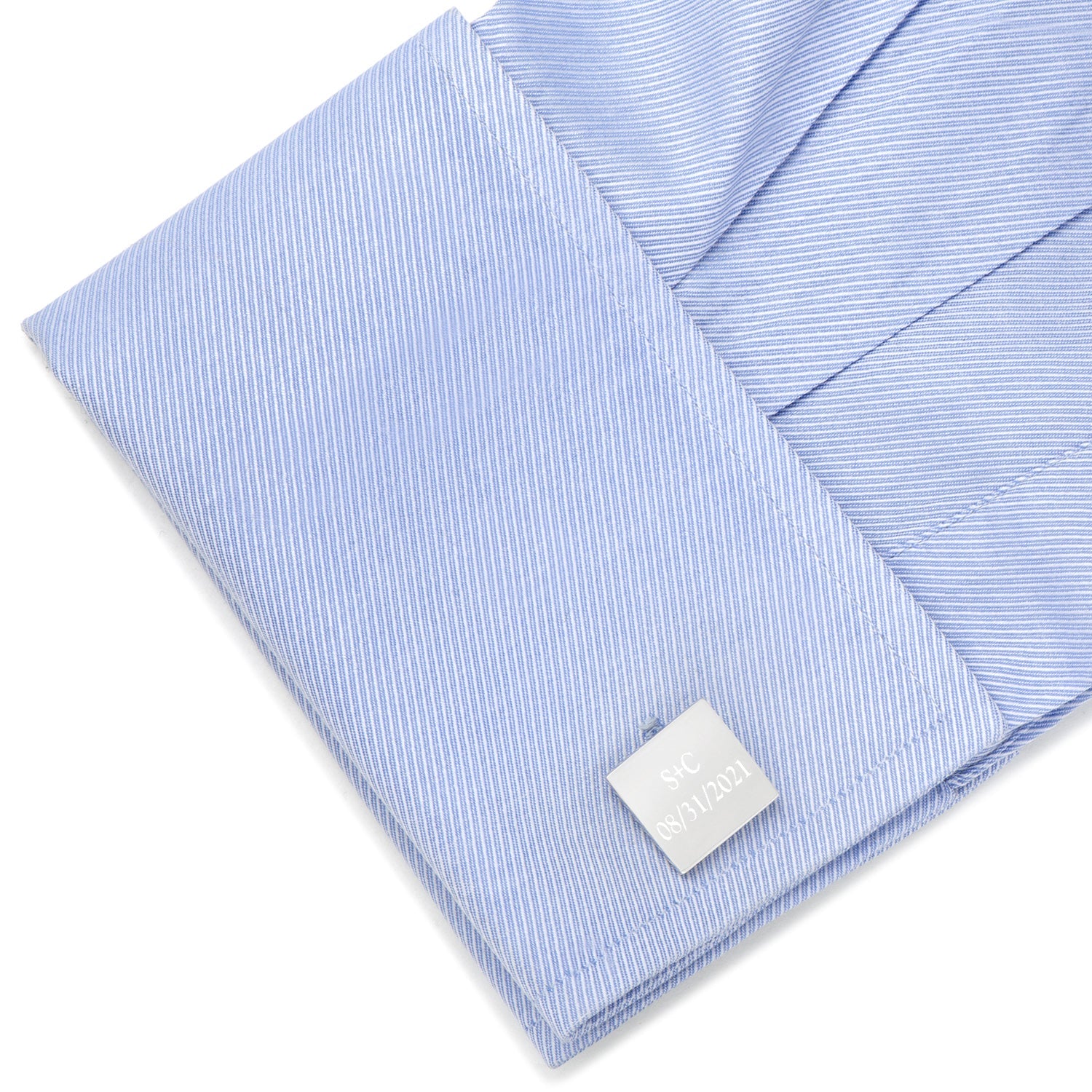 Cufflinks.com's Personalized Wedding Day Engravable Square Cufflinks can be customized with "S+C" and "08/31/2021"—a perfect wedding gift or accessory.
