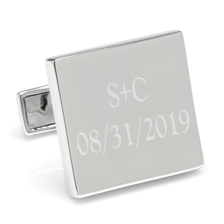 Cufflinks.com's Personalized Wedding Day Engravable Square Cufflinks can be customized with "S+C" and "08/31/2021"—a perfect wedding gift or accessory.