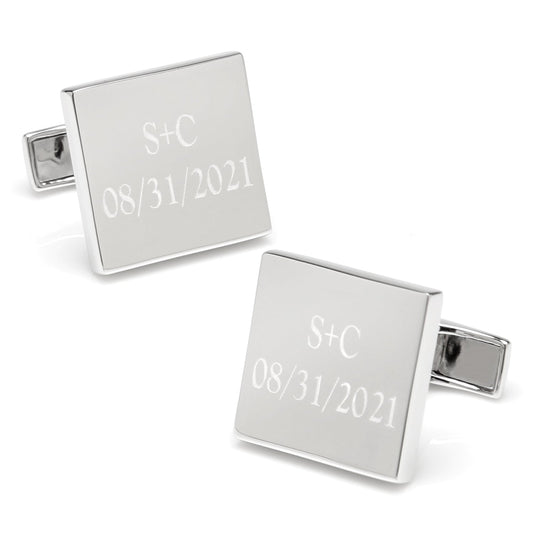 Cufflinks.com's Personalized Wedding Day Engravable Square Cufflinks can be customized with "S+C" and "08/31/2021"—a perfect wedding gift or accessory.