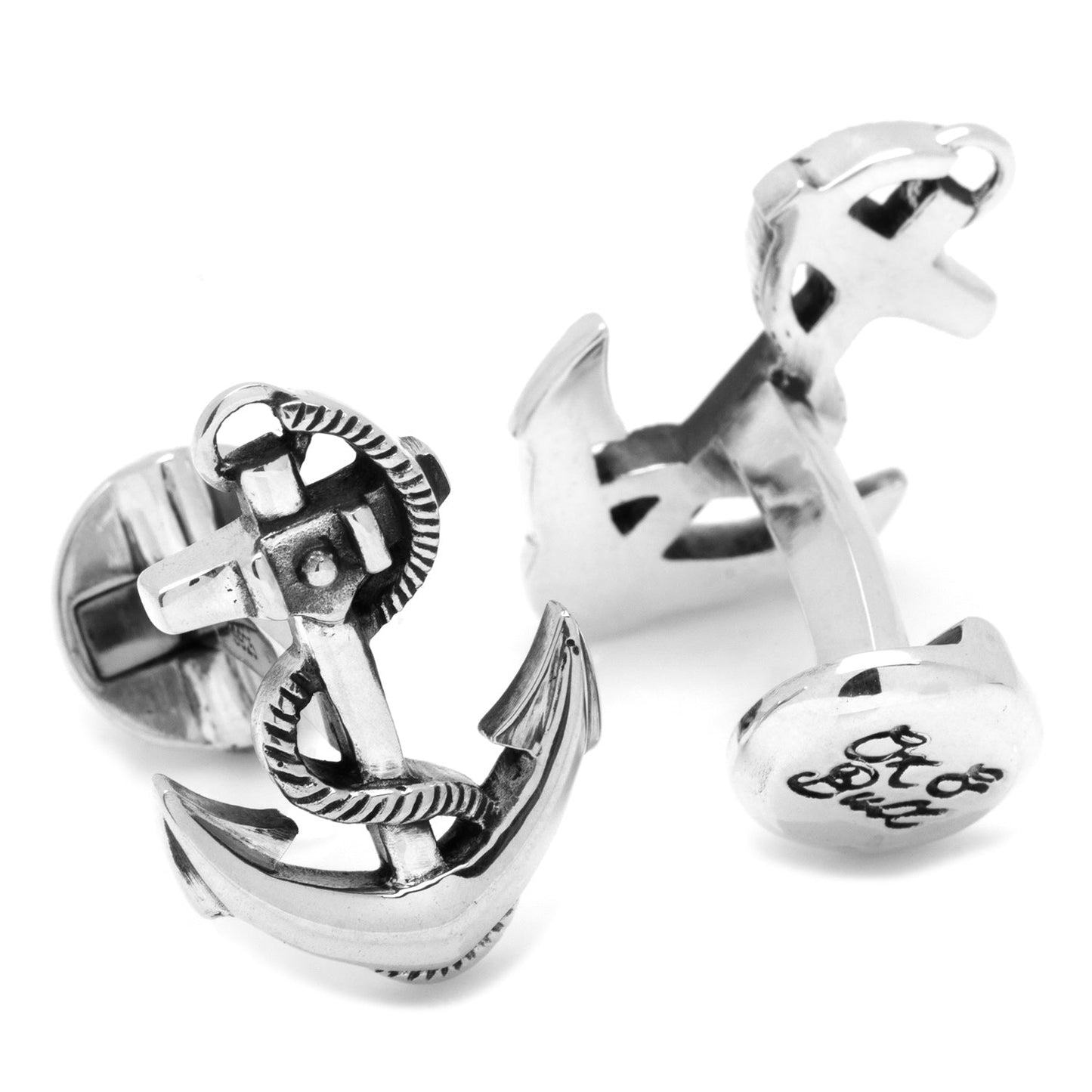 Sterling Silver Boat Anchor Cufflinks by Cufflinks.com, shaped like anchors with wrapped ropes, expertly crafted in silver and displayed on a white background.