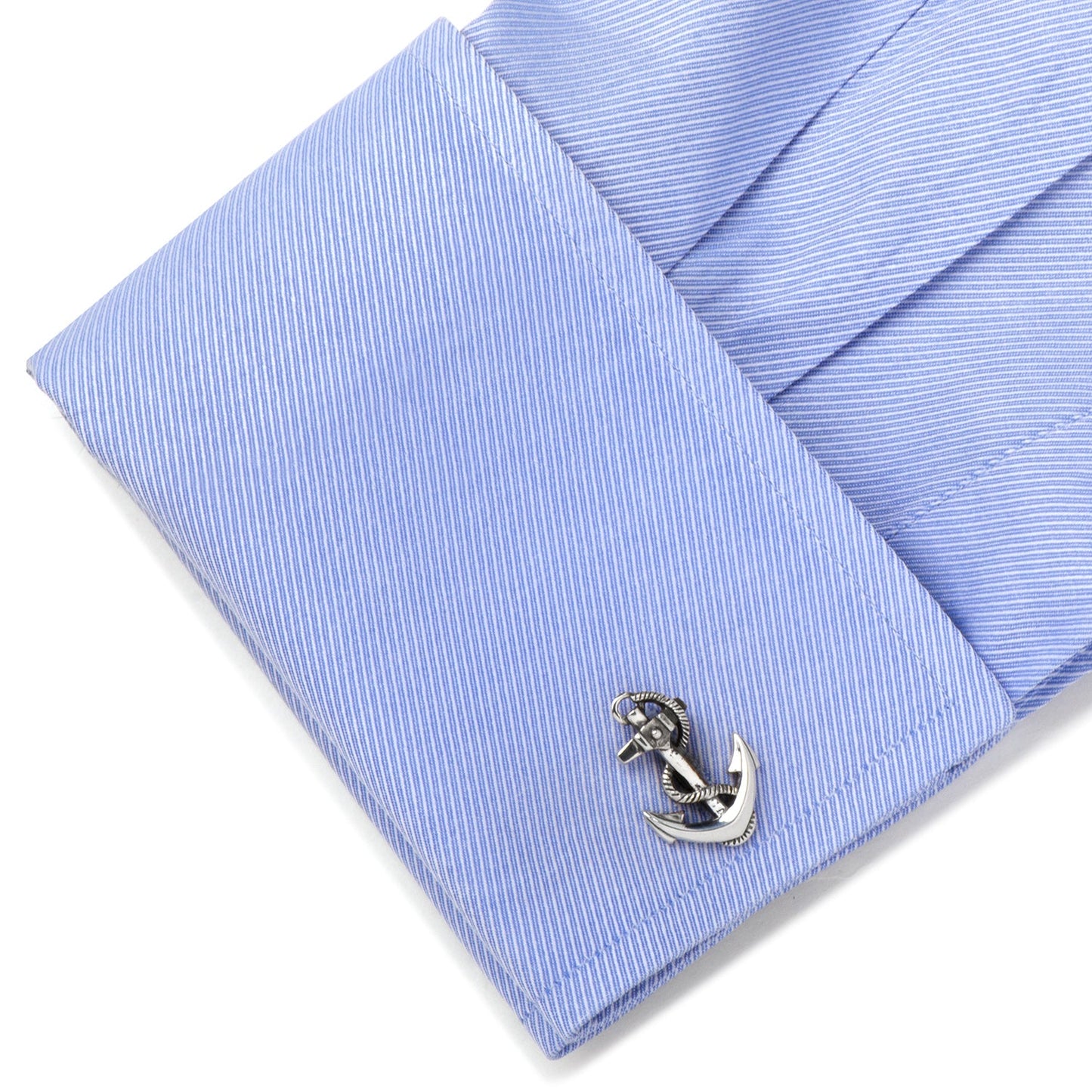Sterling Silver Boat Anchor Cufflinks by Cufflinks.com, shaped like anchors with wrapped ropes, expertly crafted in silver and displayed on a white background.
