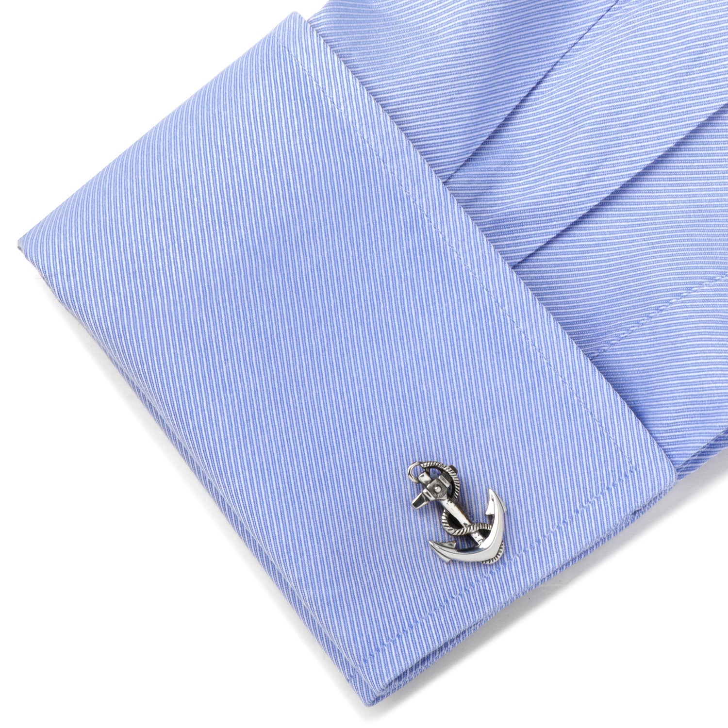 Sterling Silver Boat Anchor Cufflinks by Cufflinks.com, shaped like anchors with wrapped ropes, expertly crafted in silver and displayed on a white background.