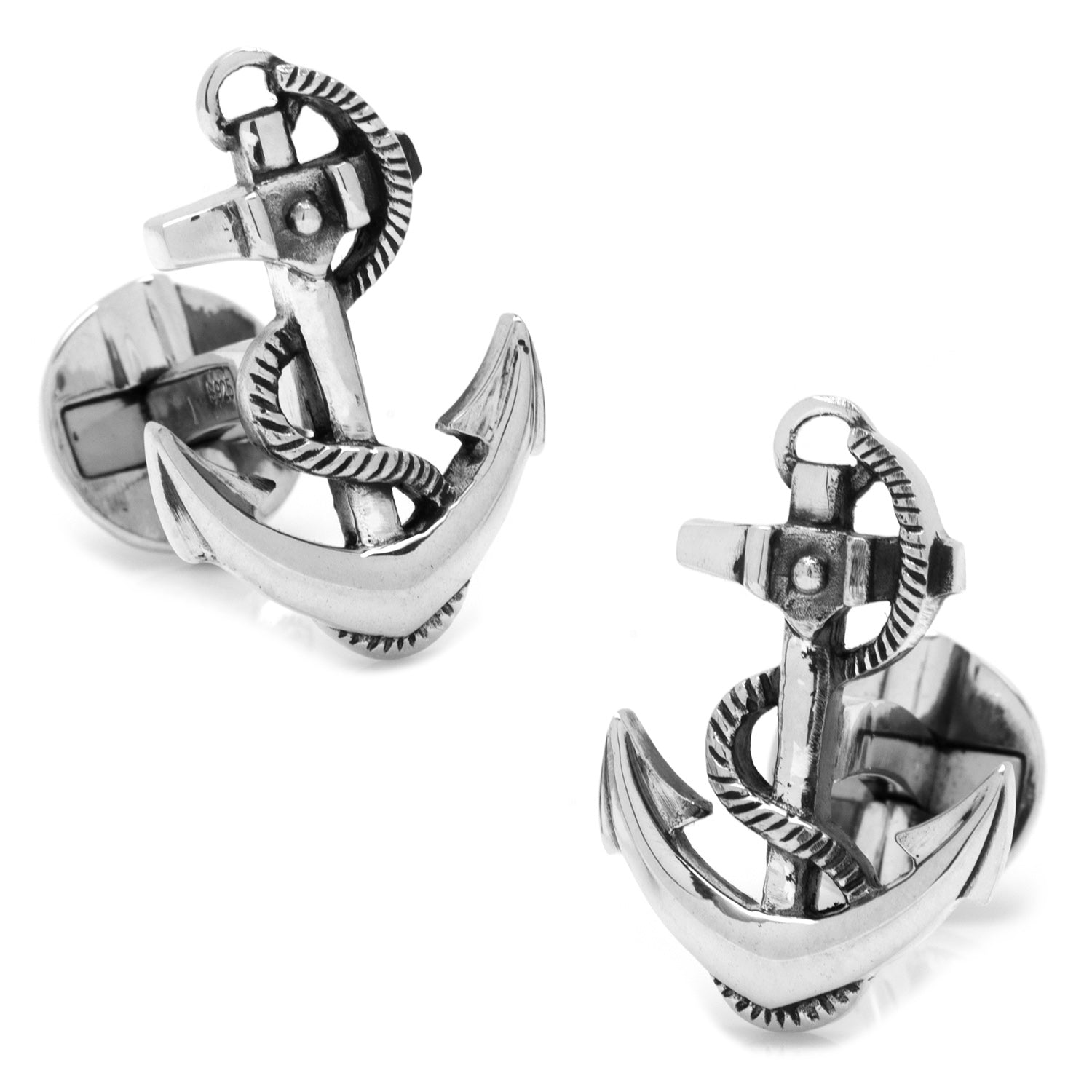 Sterling Silver Boat Anchor Cufflinks by Cufflinks.com, shaped like anchors with wrapped ropes, expertly crafted in silver and displayed on a white background.