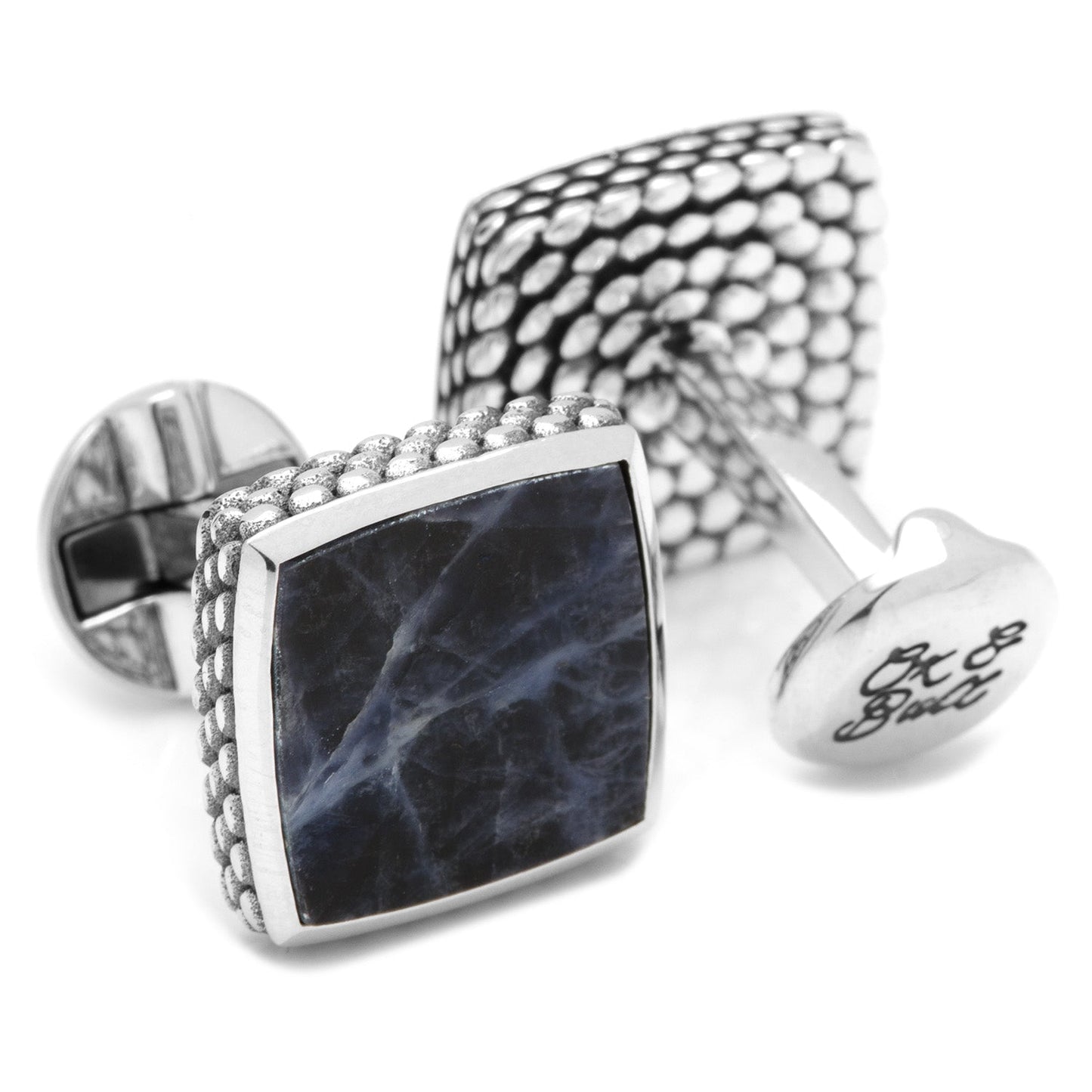 Sterling Classic Scaled Lapis Cufflinks by Cufflinks.com: elegant sterling silver cufflinks with rectangular shapes and dark blue-black marbled stone inlays.