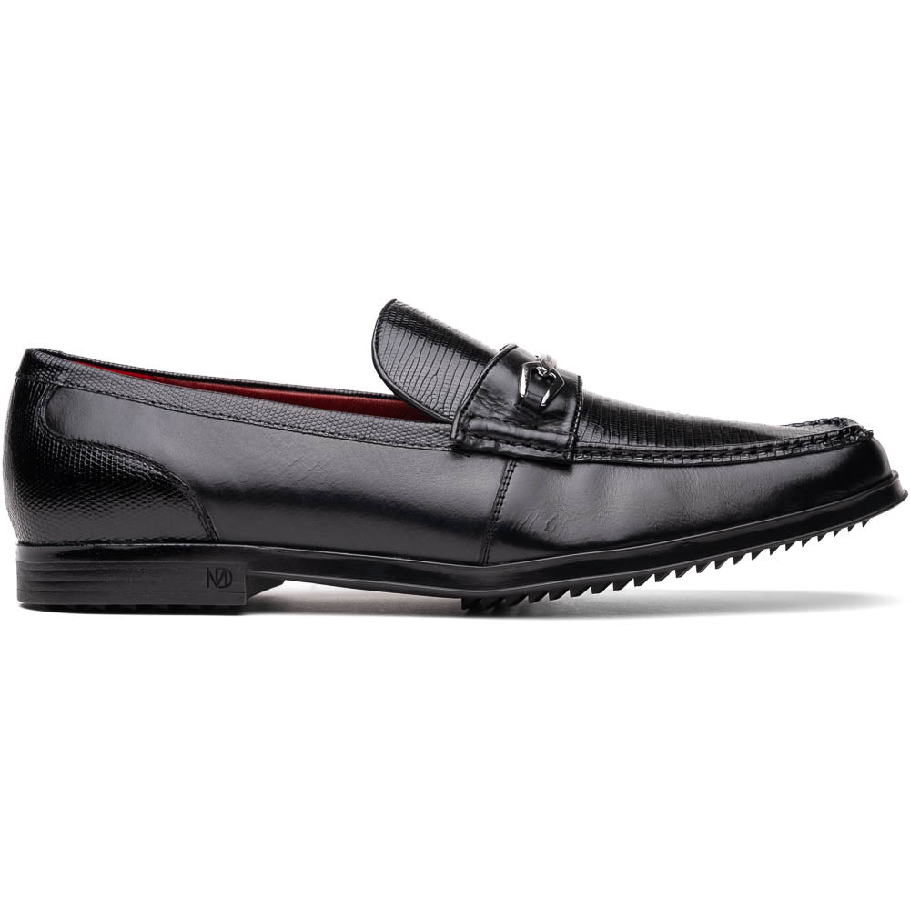 The Ravello Black by Marco Di Milano is a pair of black leather loafers with metal accents, textured uppers, a red interior lining, and ribbed rubber soles—making an exquisite statement in luxury footwear.