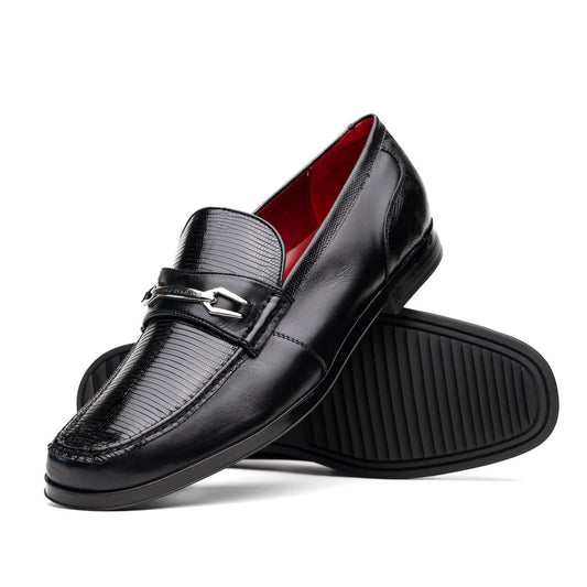 The Ravello Black by Marco Di Milano is a pair of black leather loafers with metal accents, textured uppers, a red interior lining, and ribbed rubber soles—making an exquisite statement in luxury footwear.