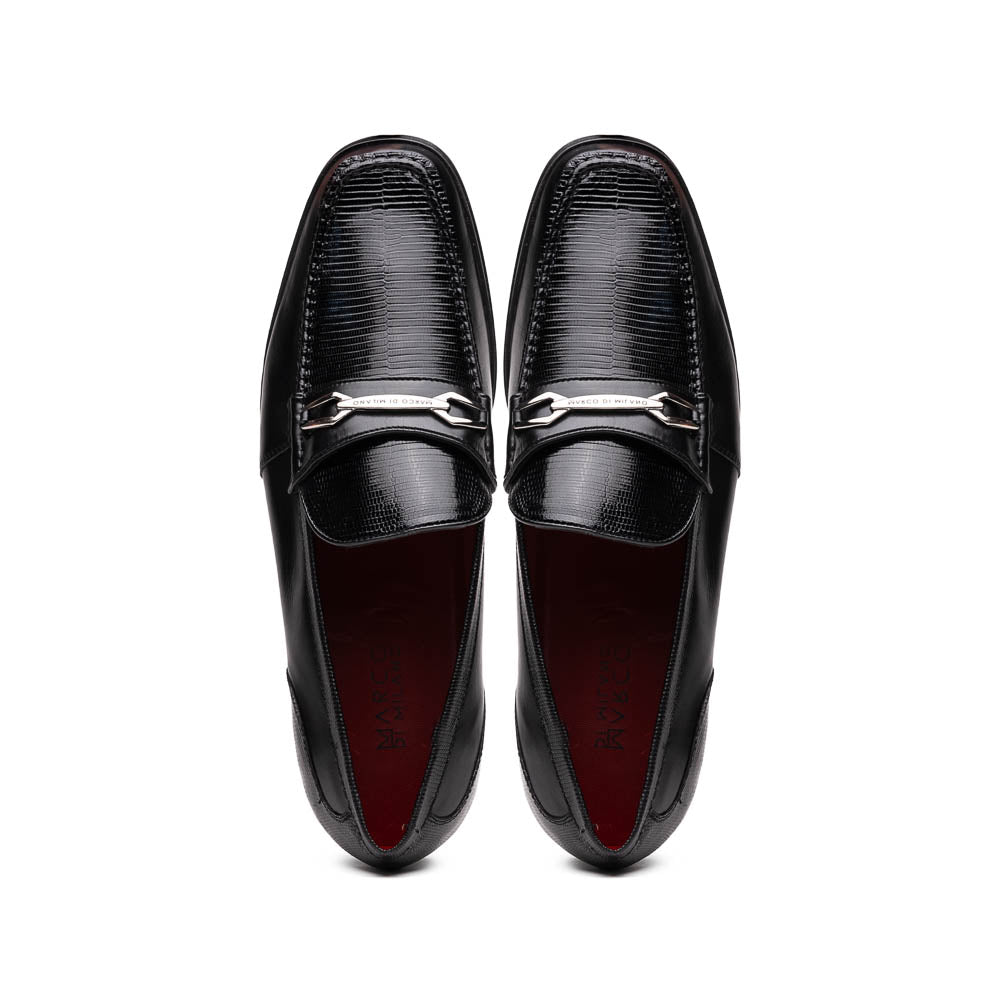 The Ravello Black by Marco Di Milano is a pair of black leather loafers with metal accents, textured uppers, a red interior lining, and ribbed rubber soles—making an exquisite statement in luxury footwear.