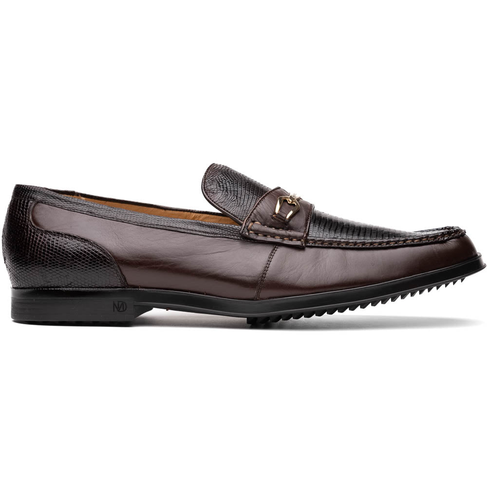 The Marco Di Milano Ravello Brown loafers, crafted from genuine lizard with a metal buckle, are showcased with one shoe upright and the other on its side to highlight the elegant hand-painted finish.