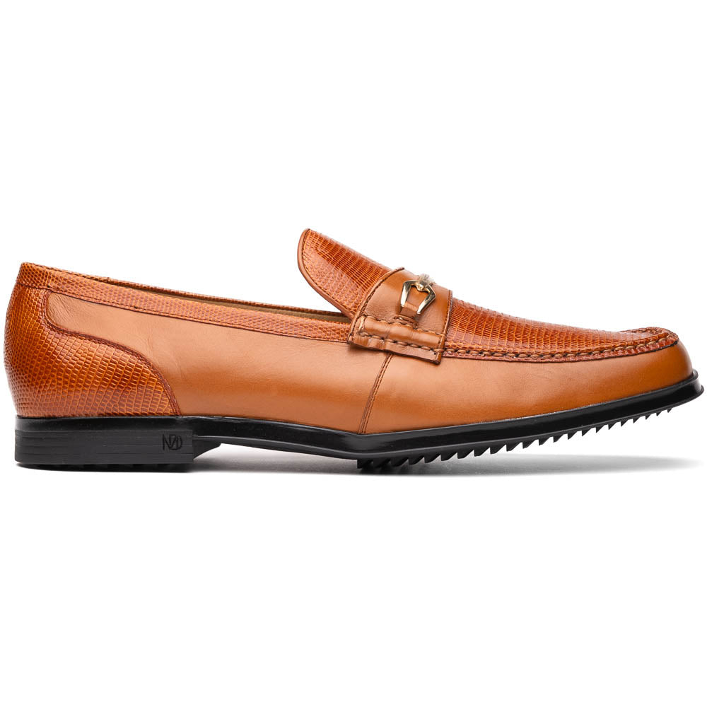 The Marco Di Milano Ravello Honey is a brown leather loafer with a textured finish and metal detail, displayed upright and on its side to show the rubber sole—ideal for those seeking luxury footwear.