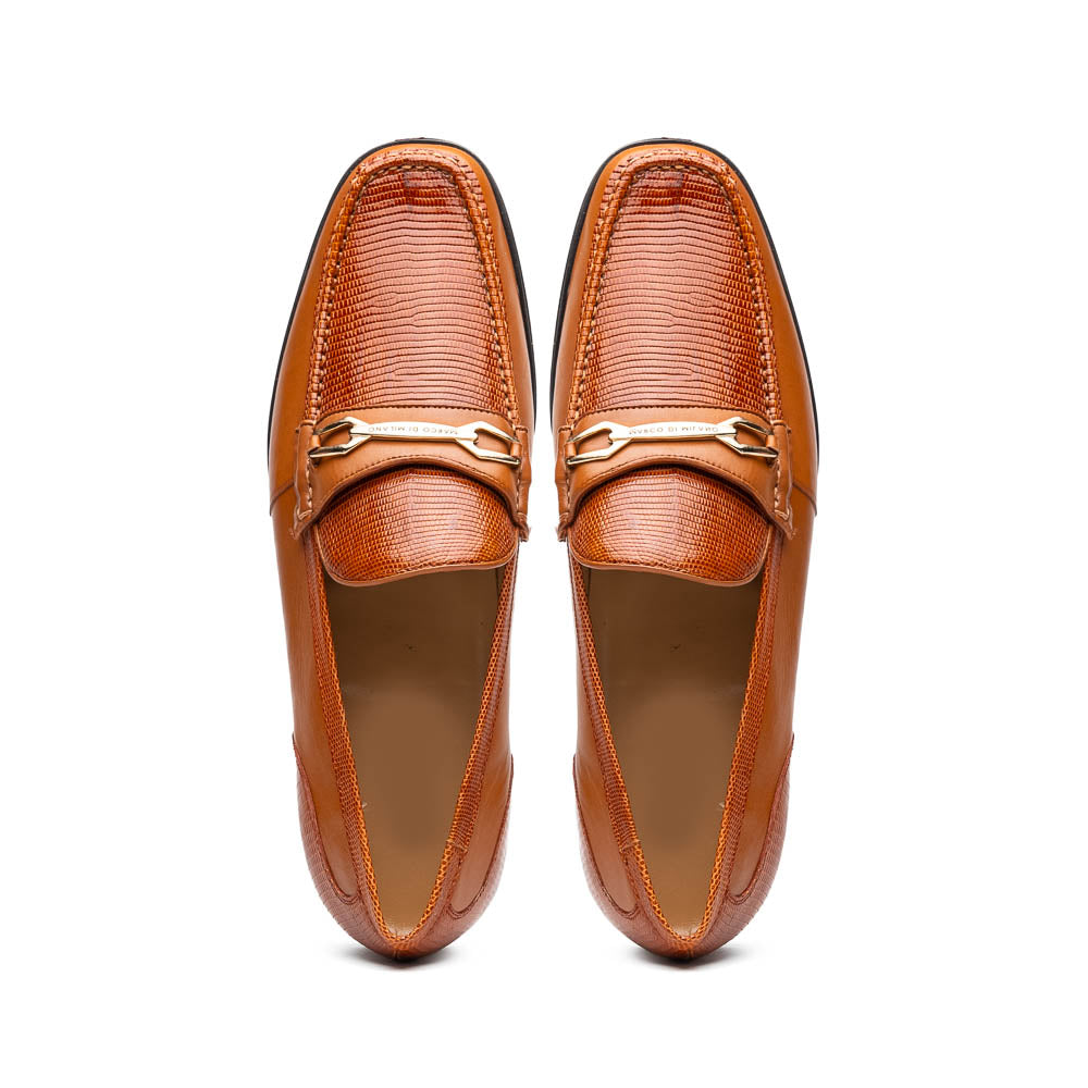 The Marco Di Milano Ravello Honey is a brown leather loafer with a textured finish and metal detail, displayed upright and on its side to show the rubber sole—ideal for those seeking luxury footwear.