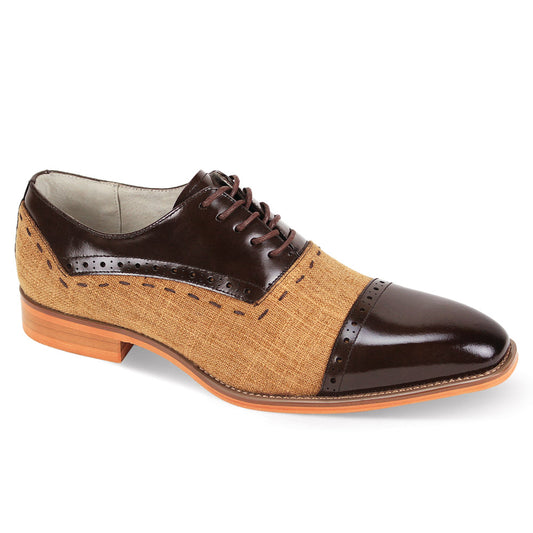 The Giovanni Reed Chocolate Brown/Tan Leather Shoes by GIOVANNI showcase a stylish cap toe, featuring brogue detailing, a lace-up design, and a light wooden sole for added elegance.