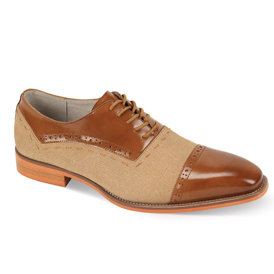 The Giovanni Reed Tan Leather Shoes by GIOVANNI feature a decorative cap toe and sides in brown and beige, complete with a lace-up design and wooden sole.