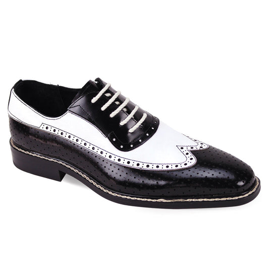 The Giovanni Rio Black/White Leather Shoes by GIOVANNI are a classic wingtip Oxford style, showcasing intricate perforated detailing and an elegant lace design.
