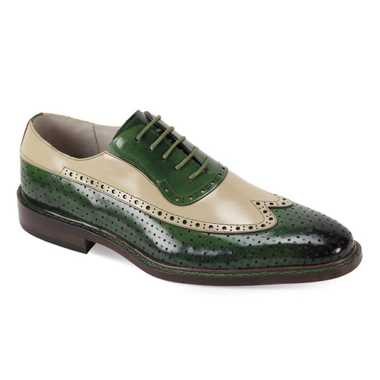 The Giovanni Rio Olive/Natural Leather Shoes from GIOVANNI are olive and beige leather wingtip oxfords with intricate brogue detailing, stylish laces, and a dark brown sole.