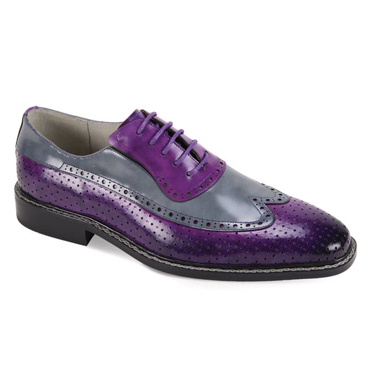 Introducing the Giovanni Rio shoes from GIOVANNI, an elegant dress shoe in shades of purple and grey featuring a medallion toe lace, intricate perforated detailing, and a classic lace-up closure.