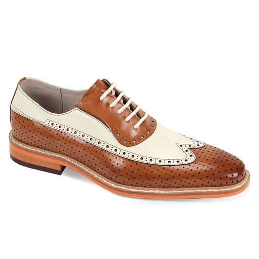 The Giovanni Rio Tan/Cream Leather Shoes by GIOVANNI features a wingtip oxford design with tan and cream leather, lace-up detailing, perforated accents, and is finished with a wooden heel.