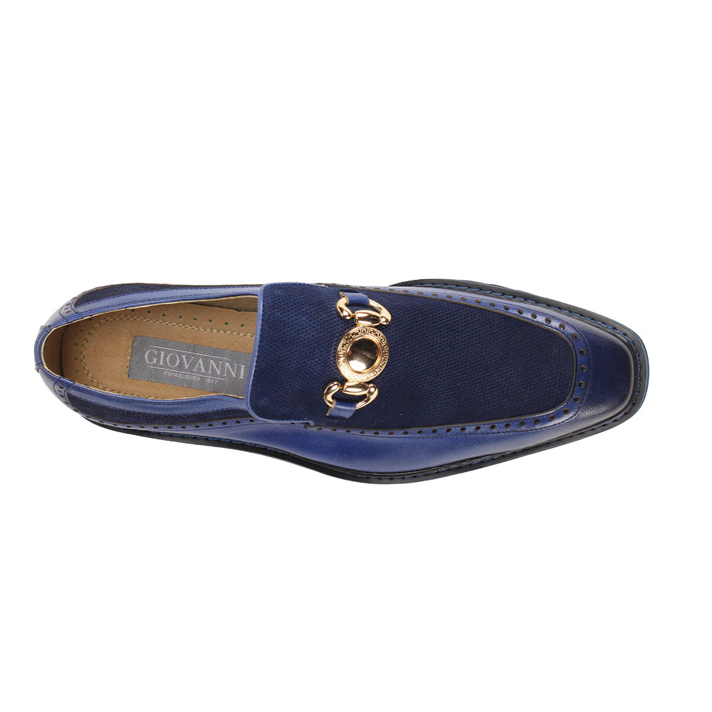 The Giovanni Roger Blue Leather Shoes by GIOVANNI are slip-on loafers with a moc toe, gold metal buckle detail, and a black ridged sole.