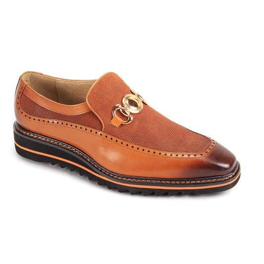 The GIOVANNI Giovanni Roger Tan Leather Shoes feature a brown slip-on loafer design with moc toe stitching, textured upper, gold metal bit detail, darker toe and heel accents, and a black ridged sole.