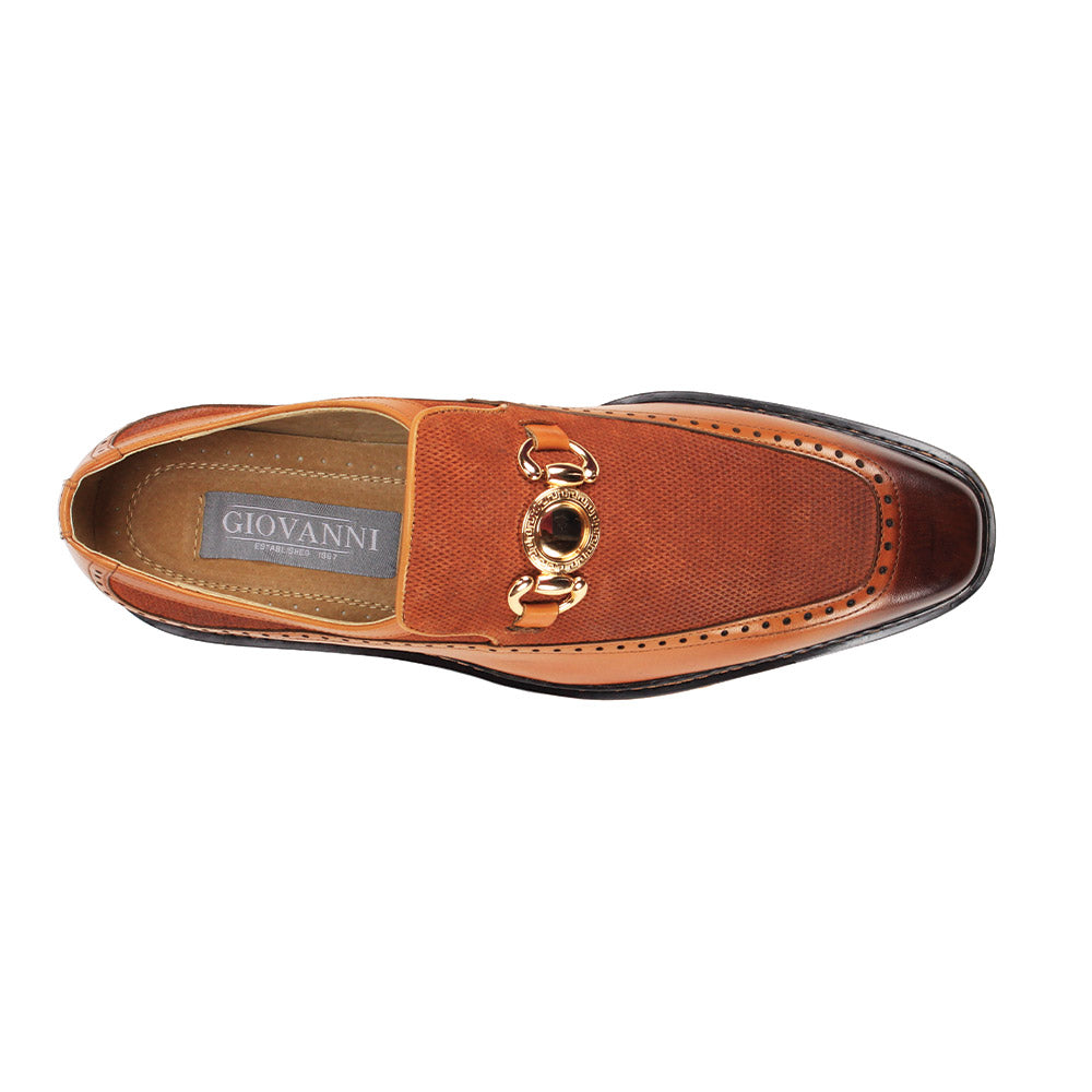 The GIOVANNI Giovanni Roger Tan Leather Shoes feature a brown slip-on loafer design with moc toe stitching, textured upper, gold metal bit detail, darker toe and heel accents, and a black ridged sole.
