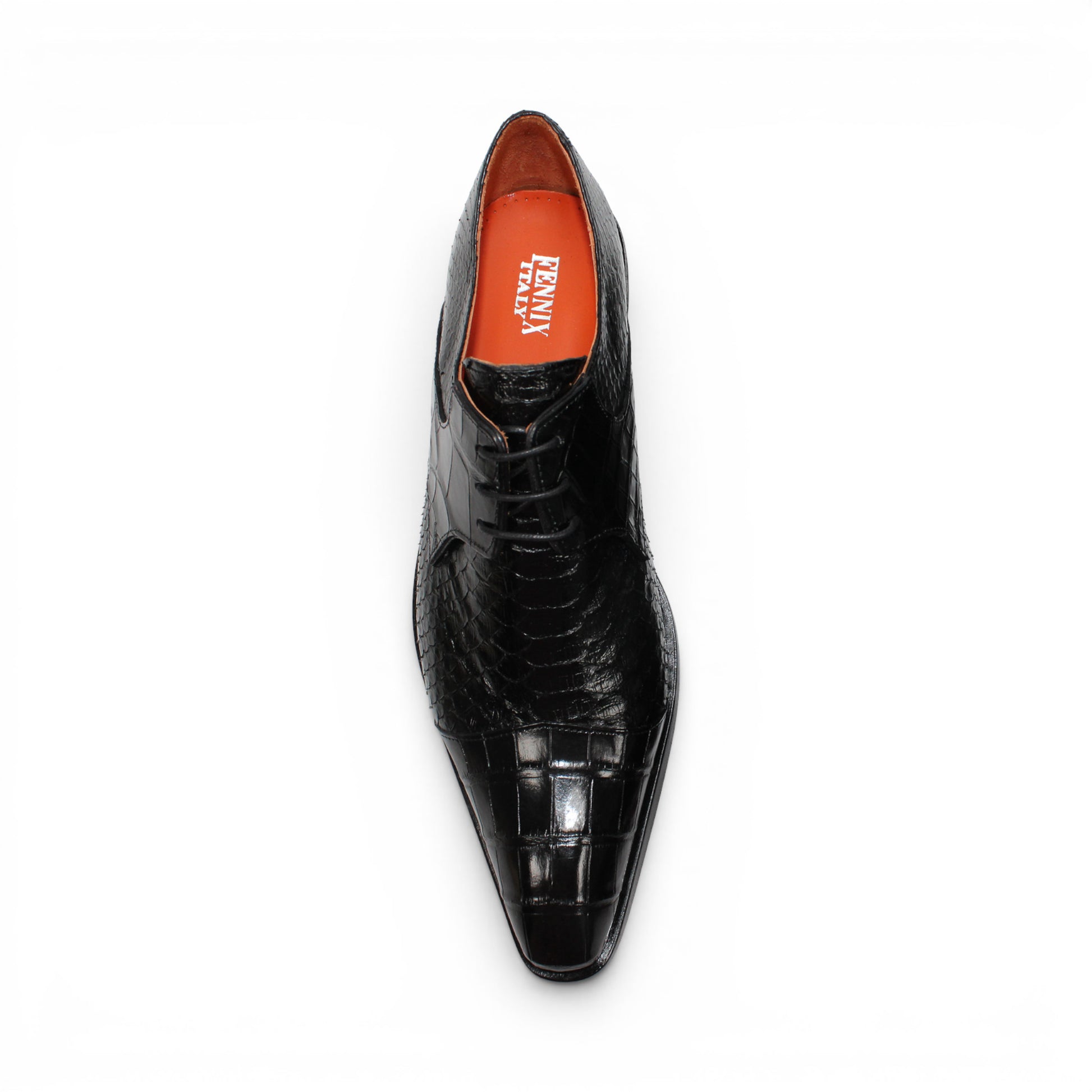 Introducing the Fennix Roger Black by Fennix of Italy—a luxury, pointed-toe dress shoe crafted in Italy from genuine alligator leather. Featuring a textured snake-skin pattern and low heel, this premium shoe is shown in profile against a white background as part of our exclusive collection.
