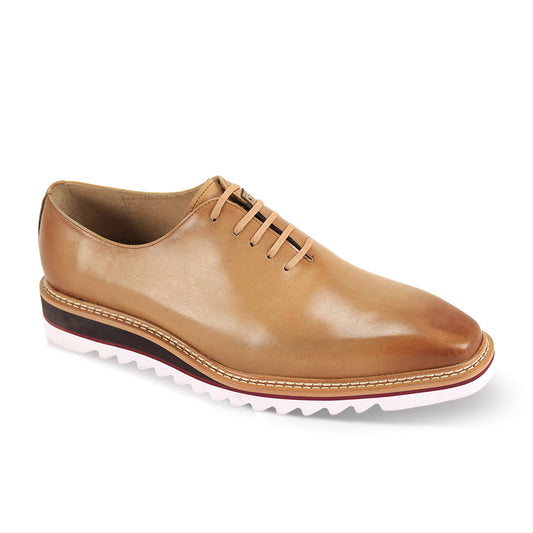 Introducing the Giovanni Ruben Latte Leather Shoes by GIOVANNI: exquisite brown leather lace-up oxford shoes with a plain toe, highlighted by a white serrated sole and standout red-black trim. Ideal for those looking for elegant footwear that blends timeless design with contemporary flair.
