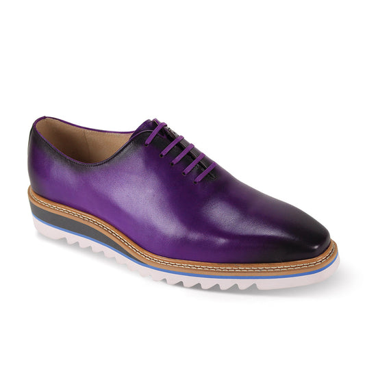 The Giovanni Ruben Purple Leather Shoes by GIOVANNI feature a purple leather lace design with a white serrated sole and a brown midsole, offering a smooth finish. This stylish piece of footwear is crafted for those who appreciate elegance and comfort in their collection.