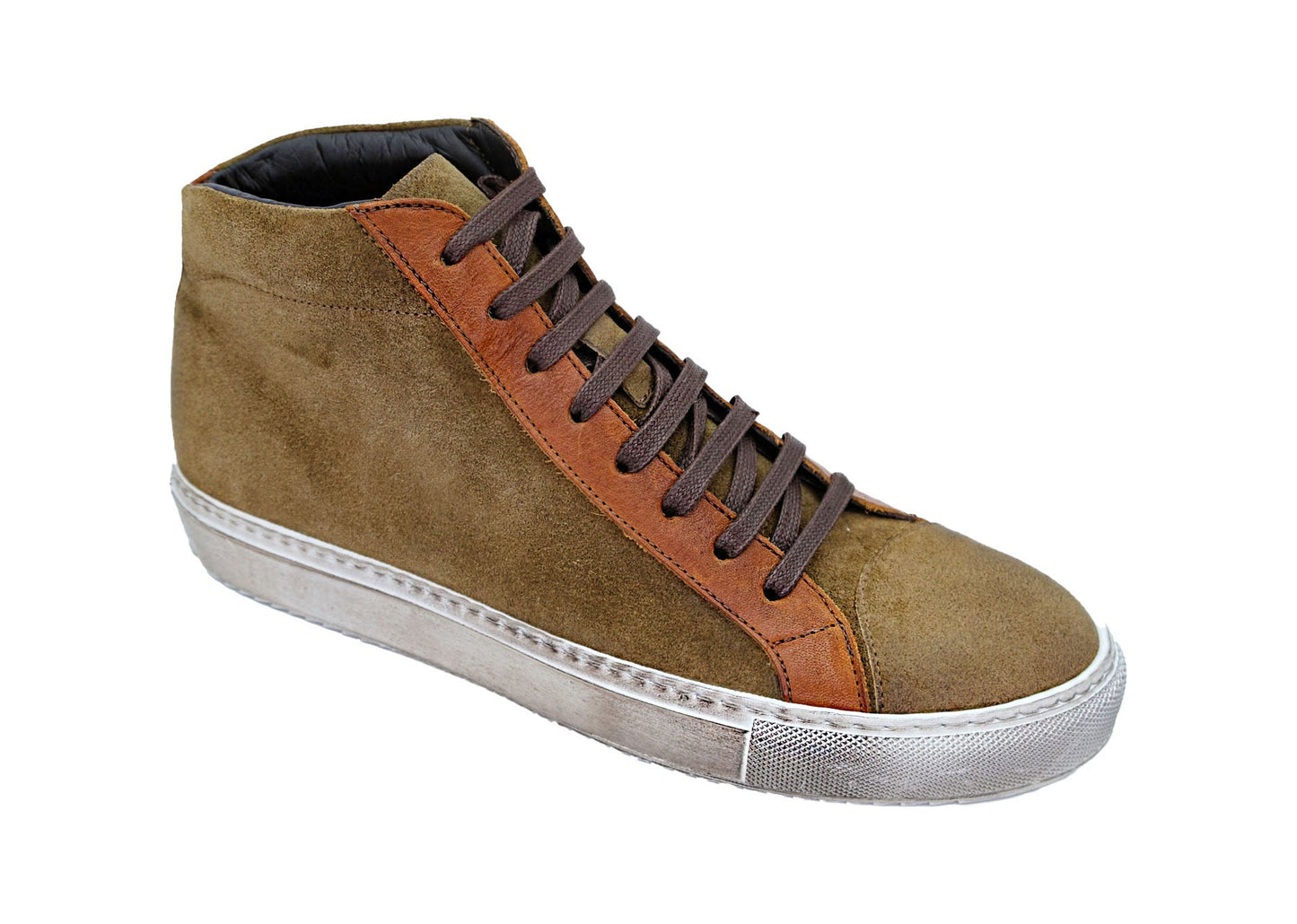 The GIOVACCHINI Ruben Ant. Cognac Suede Leather High-top Sneakers feature brown Italian waxed suede, dark brown laces, a white rubber sole, and a tan leather stripe. Made in Italy for timeless style and quality.