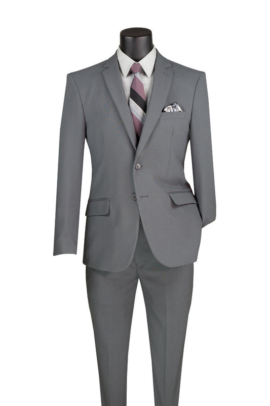Displayed on a mannequin, the Vinci Suits Slim Fit 2 Piece Medium Gray business suit S-2PP features a two-button blazer, striped tie, matching pocket square, and a white shirt with thin stripes to complete the look.