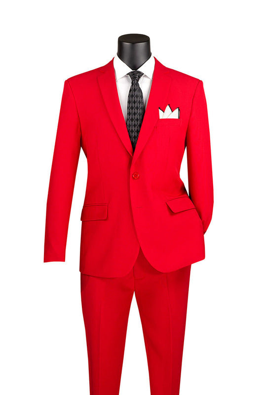 Displayed on a mannequin against a white background, the Vinci Suits Slim Fit 2 Piece 2 Button Business Suit Red S-2PP includes a wrinkle-resistant blazer and pants, styled with a crisp white dress shirt, black tie, and white pocket square for a sharp look.