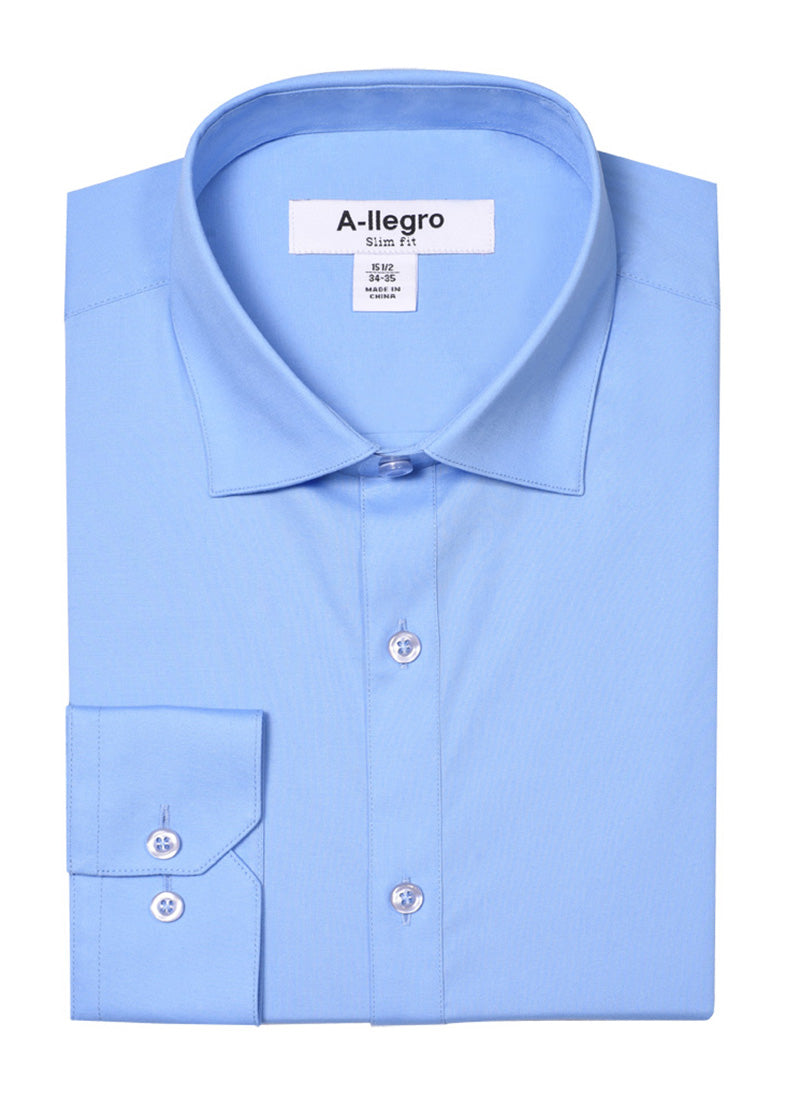 The Slim Fit Cotton Convertible Cuff Dress Shirt Blue S-S100 by Vinci Suits showcases a neatly folded light blue design with buttons, a classic collar, and the "A-llegro Slim Fit" label. Its solid color and convertible cuffs enhance sophistication.