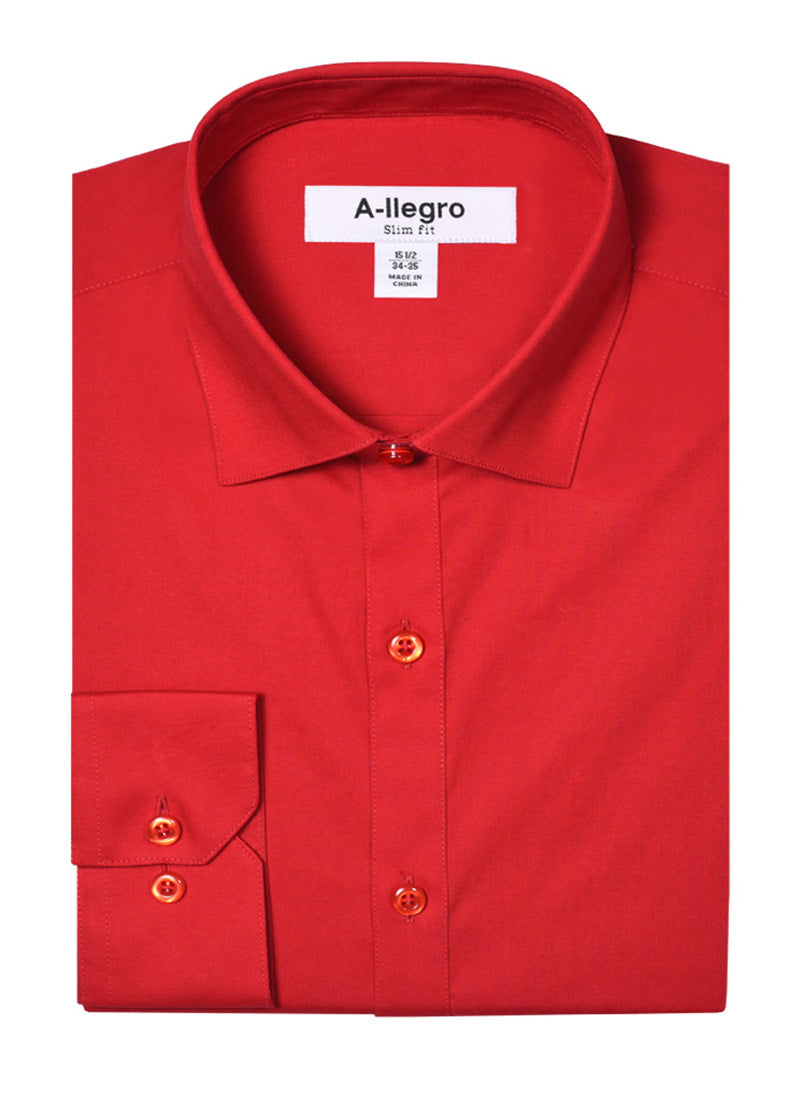 The Vinci Suits Slim Fit Cotton Convertible Cuff Dress Shirt, model Red S-S100, features a folded collar and buttons for versatile styling.