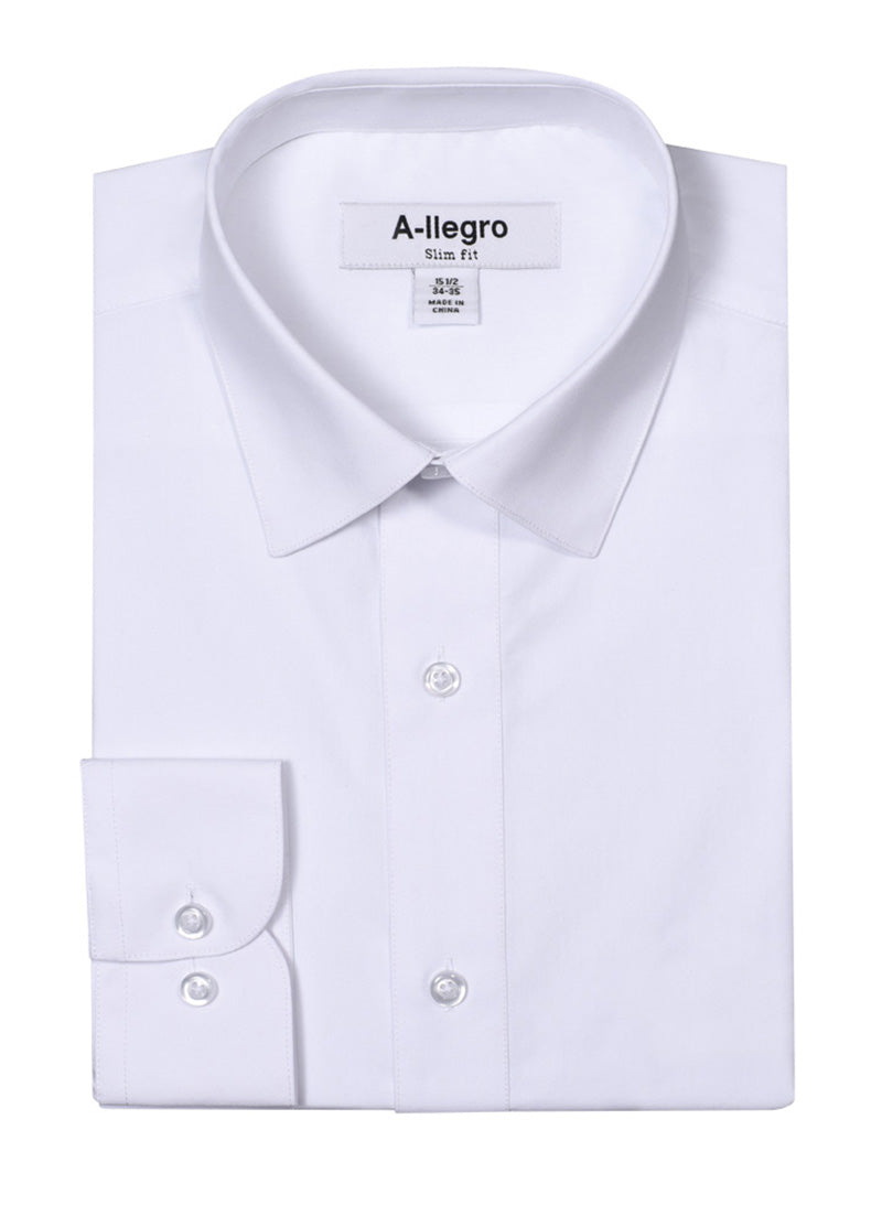 The Slim Fit Cotton Convertible Cuff Dress Shirt White S-S100 by Vinci Suits is a versatile white dress shirt with a spread collar, convertible cuffs, and solid color design, perfect for any wardrobe.