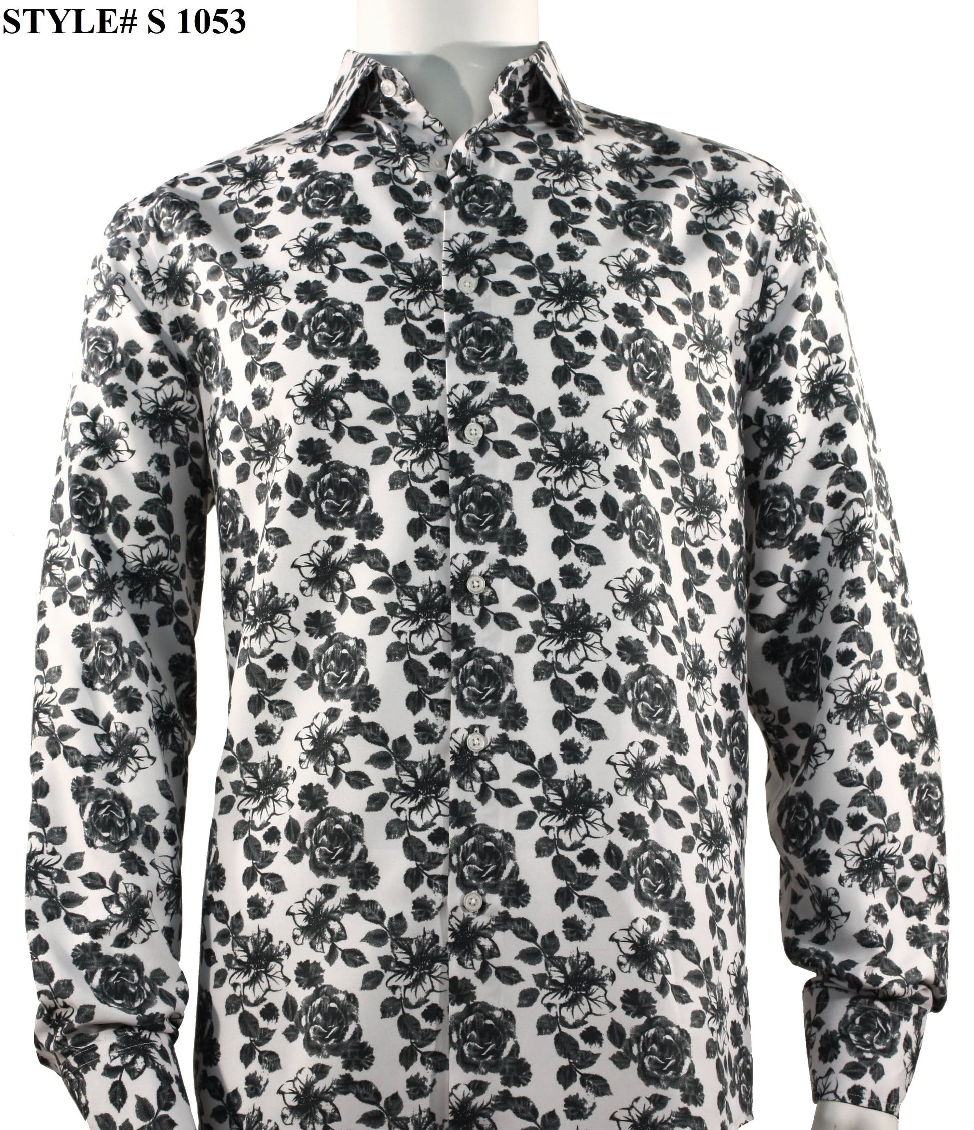 A mannequin is showcasing a Sangi Long Sleeve Shirt, style number S 1053, featuring a chic black and white floral pattern. Elegantly highlighted in the top left corner is the style number S 1053.